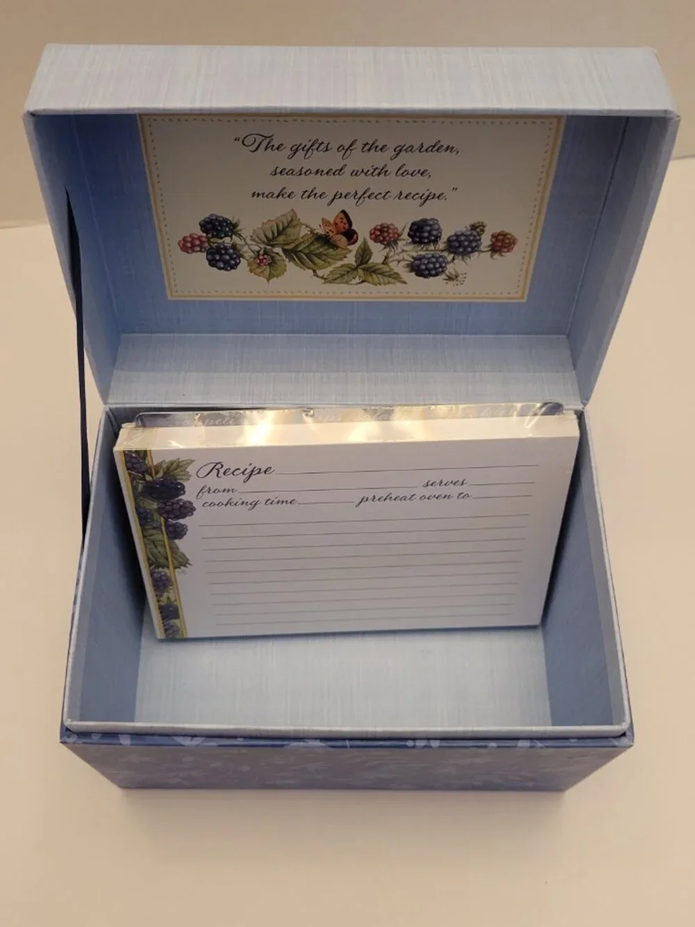 Hallmark Refillable Recipe Box Botanical Butterfly Blue w/ Cards & Dividers